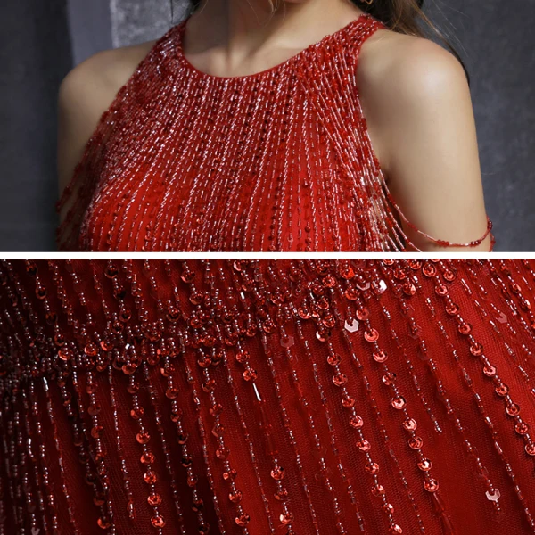 Chic / Beautiful Red Engagement Prom Dresses 2020 A-Line / Princess Scoop Neck Sleeveless Beading Sequins Floor-Length / Long Ruffle Formal Dresses