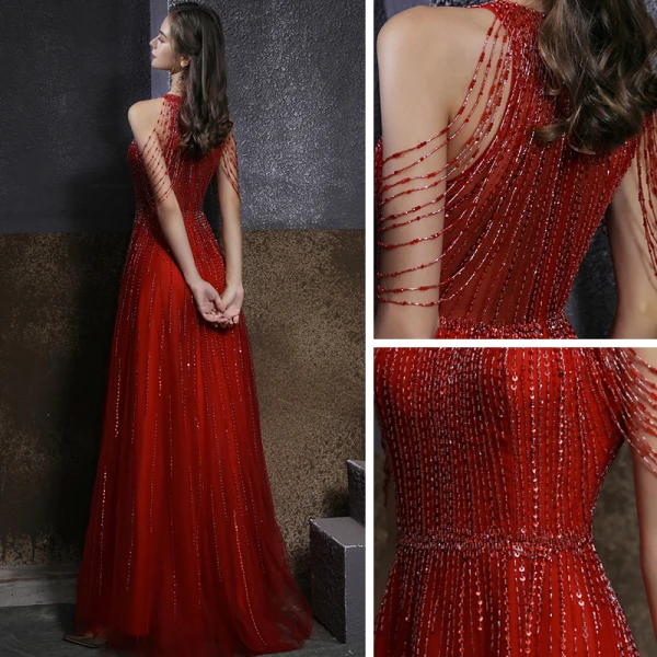 Chic / Beautiful Red Engagement Prom Dresses 2020 A-Line / Princess Scoop Neck Sleeveless Beading Sequins Floor-Length / Long Ruffle Formal Dresses