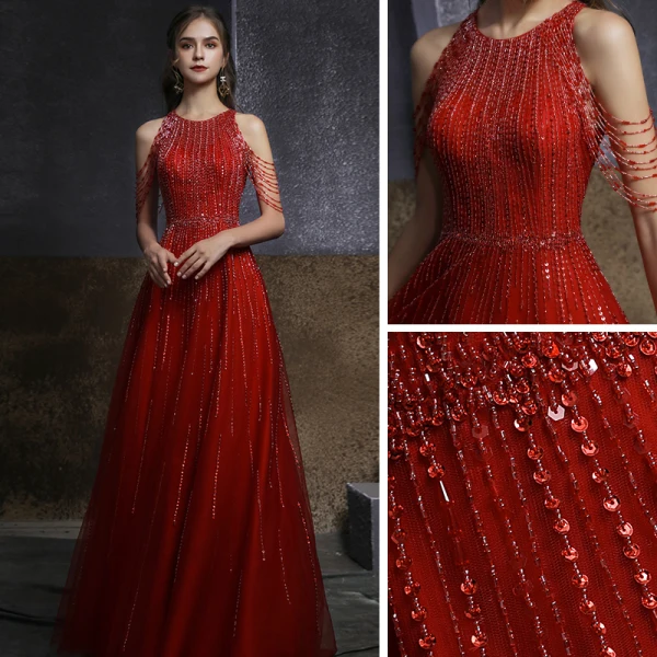 Chic / Beautiful Red Engagement Prom Dresses 2020 A-Line / Princess Scoop Neck Sleeveless Beading Sequins Floor-Length / Long Ruffle Formal Dresses