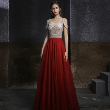 Deux Tons Champagne Rouge Dansant Robe De Bal 2020 Princesse V Cou Manches Courtes Perlage Faux Diamant Longue Volants Dos Nu Robe De Ceremonie