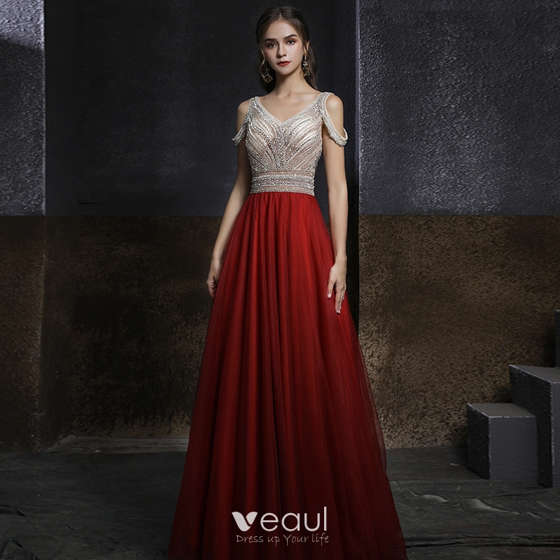 Two Tone Champagne Red Dancing Prom Dresses 2020 A-Line / Princess V-Neck Short Sleeve Beading Rhinestone Floor-Length / Long Ruffle Backless Formal