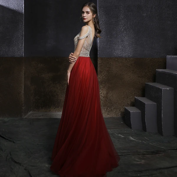 Two Tone Champagne Red Dancing Prom Dresses 2020 A-Line / Princess V-Neck Short Sleeve Beading Rhinestone Floor-Length / Long Ruffle Backless Formal Dresses