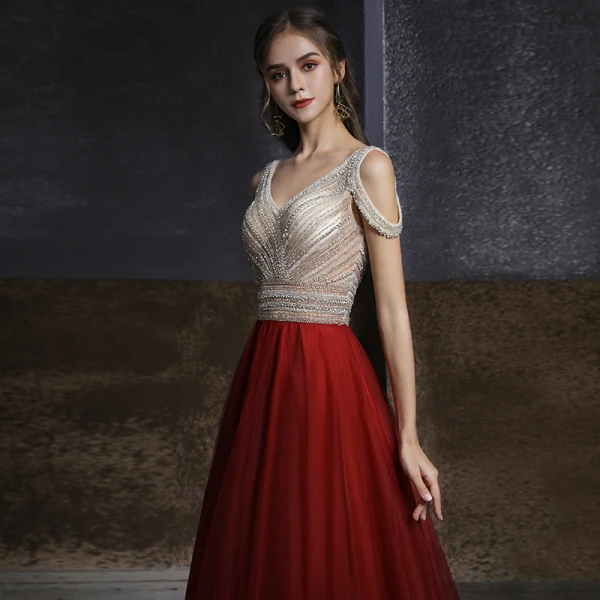 Two Tone Champagne Red Dancing Prom Dresses 2020 A-Line / Princess V-Neck Short Sleeve Beading Rhinestone Floor-Length / Long Ruffle Backless Formal Dresses