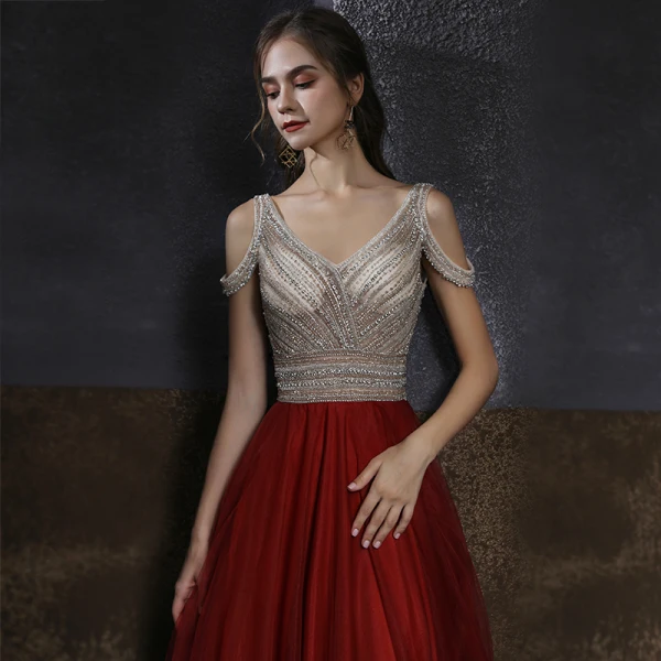 Two Tone Champagne Red Dancing Prom Dresses 2020 A-Line / Princess V-Neck Short Sleeve Beading Rhinestone Floor-Length / Long Ruffle Backless Formal Dresses