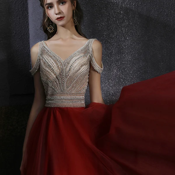 Two Tone Champagne Red Dancing Prom Dresses 2020 A-Line / Princess V-Neck Short Sleeve Beading Rhinestone Floor-Length / Long Ruffle Backless Formal Dresses