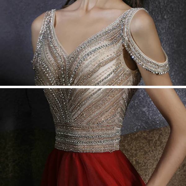 Two Tone Champagne Red Dancing Prom Dresses 2020 A-Line / Princess V-Neck Short Sleeve Beading Rhinestone Floor-Length / Long Ruffle Backless Formal Dresses