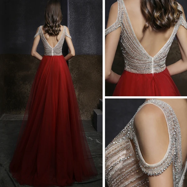 Two Tone Champagne Red Dancing Prom Dresses 2020 A-Line / Princess V-Neck Short Sleeve Beading Rhinestone Floor-Length / Long Ruffle Backless Formal Dresses