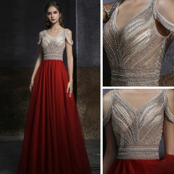 Two Tone Champagne Red Dancing Prom Dresses 2020 A-Line / Princess V-Neck Short Sleeve Beading Rhinestone Floor-Length / Long Ruffle Backless Formal Dresses