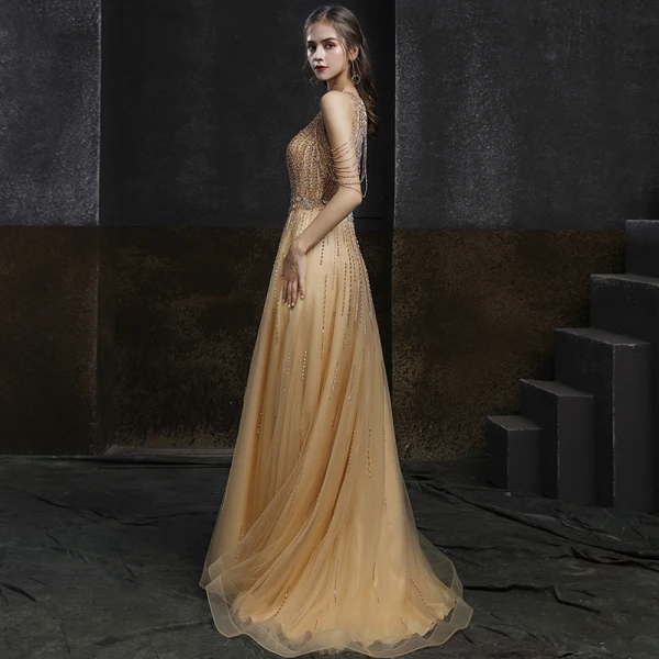 High-end Gold Evening Dresses 2020 A-Line / Princess Scoop Neck Sleeveless Beading Sequins Sweep Train Ruffle Formal Dresses