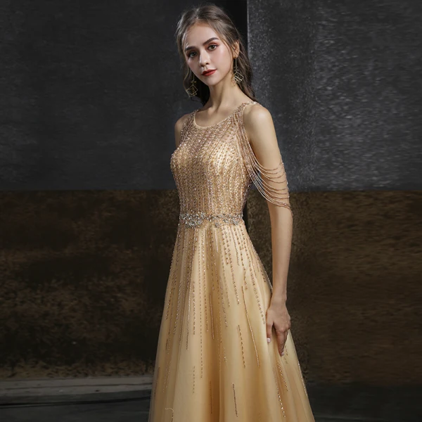 High-end Gold Evening Dresses 2020 A-Line / Princess Scoop Neck Sleeveless Beading Sequins Sweep Train Ruffle Formal Dresses