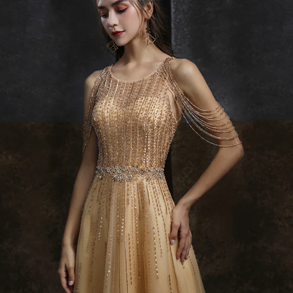 High-end Gold Evening Dresses 2020 A-Line / Princess Scoop Neck Sleeveless Beading Sequins Sweep Train Ruffle Formal Dresses