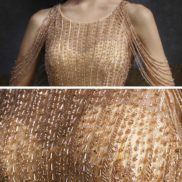 High-end Gold Evening Dresses 2020 A-Line / Princess Scoop Neck Sleeveless Beading Sequins Sweep Train Ruffle Formal Dresses