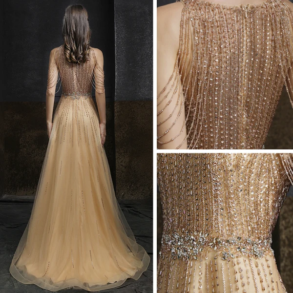 High-end Gold Evening Dresses 2020 A-Line / Princess Scoop Neck Sleeveless Beading Sequins Sweep Train Ruffle Formal Dresses