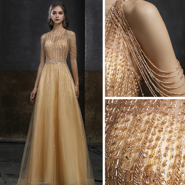 High-end Gold Evening Dresses 2020 A-Line / Princess Scoop Neck Sleeveless Beading Sequins Sweep Train Ruffle Formal Dresses