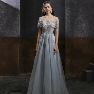 Elegant Grey See Through Prom Dresses 2020 A Line Princess Scoop Neck Short Sleeve Beading Sequins Floor Length Long Ruffle Backless Formal Dresses