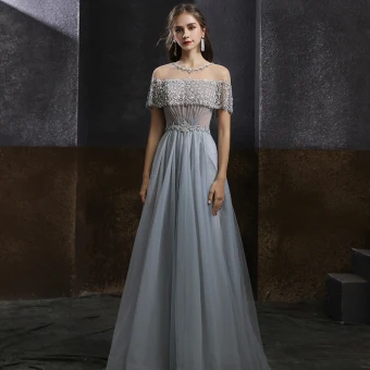 Élégant Gris Transparentes Robe De Bal 2020 Princesse Encolure Dégagée Manches Courtes Perlage Paillettes Longue Volants Dos Nu Robe De Ceremonie