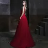 Elegant Burgundy Evening Dresses  2020 Empire V-Neck Sleeveless Beading Sequins Floor-Length / Long Ruffle Backless Formal Dresses