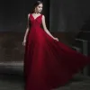Elegant Burgundy Evening Dresses  2020 Empire V-Neck Sleeveless Beading Sequins Floor-Length / Long Ruffle Backless Formal Dresses