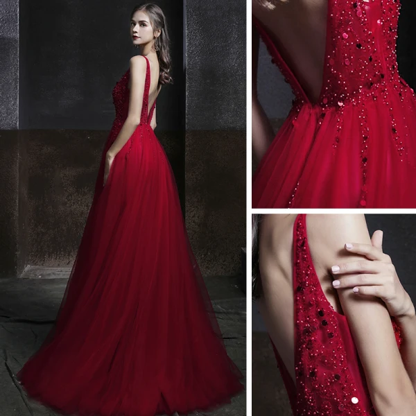 Élégant Bordeaux Robe De Soirée 2020 Empire V-Cou Sans Manches Perlage Paillettes Longue Volants Dos Nu Robe De Ceremonie