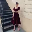 Vintage / Retro Burgundy Velour Homecoming Graduation Dresses 2020 A-Line / Princess Square Neckline Puffy Short Sleeve Tea-length Ruffle Backless Formal Dresses