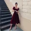 Vintage / Retro Burgundy Velour Homecoming Graduation Dresses 2020 A-Line / Princess Square Neckline Puffy Short Sleeve Tea-length Ruffle Backless Formal Dresses