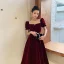 Vintage / Retro Burgundy Velour Homecoming Graduation Dresses 2020 A-Line / Princess Square Neckline Puffy Short Sleeve Tea-length Ruffle Backless Formal Dresses