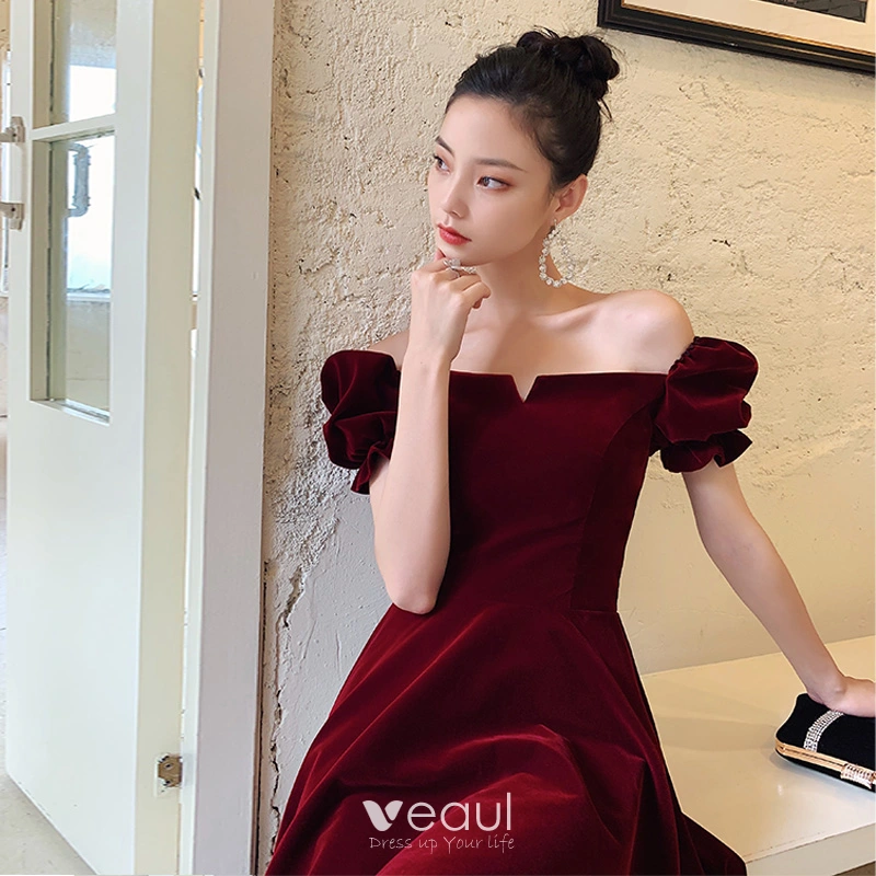 Vintage / Retro Burgundy Velour Homecoming Graduation Dresses 2020 A-Line /  Princess Square Neckline Puffy Short Sleeve Tea-length Ruffle Backless  Formal Dresses