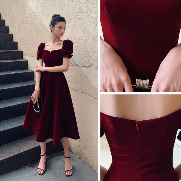 Vintage / Retro Burgundy Velour Homecoming Graduation Dresses 2020 A-Line / Princess Square Neckline Puffy Short Sleeve Tea-length Ruffle Backless Formal Dresses