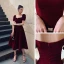Vintage / Retro Burgundy Velour Homecoming Graduation Dresses 2020 A-Line / Princess Square Neckline Puffy Short Sleeve Tea-length Ruffle Backless Formal Dresses