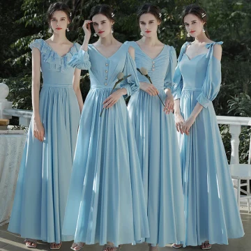 Affordable Sky Blue Chiffon Bridesmaid Dresses 2020 A Line Princess Backless Floor Length Long Ruffle