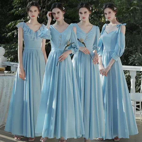 Affordable Sky Blue Chiffon Bridesmaid Dresses 2020 A-Line / Princess Backless Floor-Length / Long Ruffle