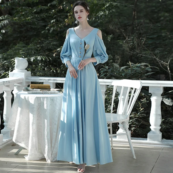 Affordable Sky Blue Chiffon Bridesmaid Dresses 2020 A-Line / Princess Backless Floor-Length / Long Ruffle