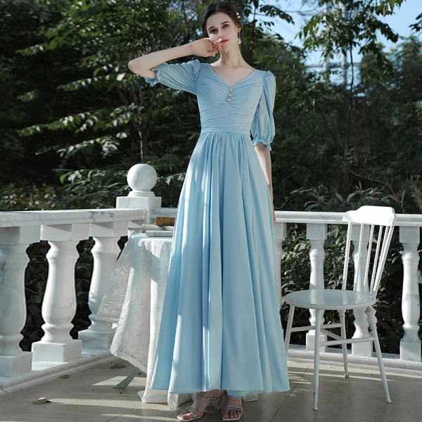 Affordable Sky Blue Chiffon Bridesmaid Dresses 2020 A-Line / Princess  Backless Floor-Length / Long Ruffle