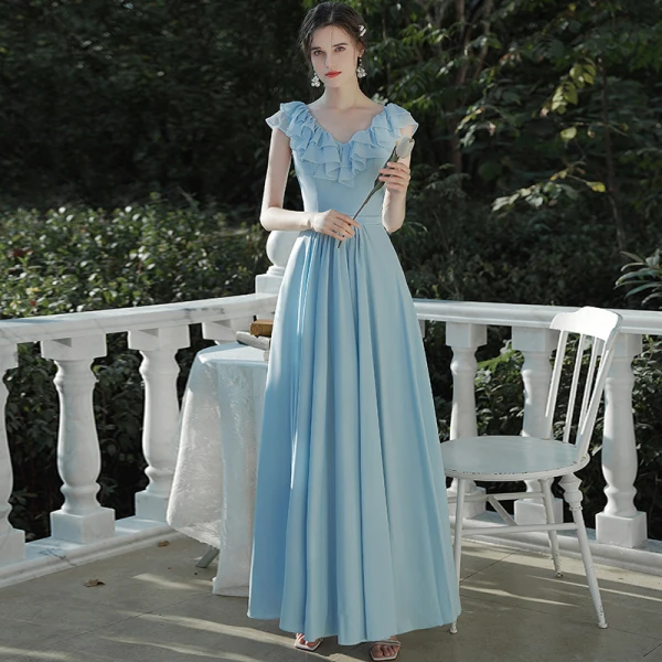 Affordable Sky Blue Chiffon Bridesmaid Dresses 2020 A-Line / Princess Backless Floor-Length / Long Ruffle