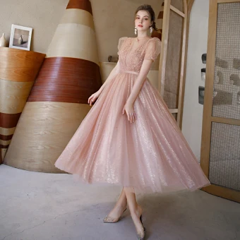 Vintage Originale Rougissant Rose Transparentes Dansant Robe De Bal 2020 Princesse Col Haut Gonflée Manches Courtes Paillettes Tulle Perlage Perle Ceinture Thé Longueur Volants Dos Nu Robe De Ceremonie