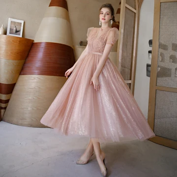 Vintage Blozen Roze Doorzichtige Dansen Galajurken 2020 A Lijn Hoge Kraag Gezwollen Korte Mouwen Pailletten Tule Kralen Parel Gordel Tea Length Ruche Ruglooze Gelegenheid Jurken