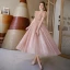 Vintage / Retro Blushing Pink See-through Dancing Prom Dresses 2020 A-Line / Princess High Neck Puffy Short Sleeve Sequins Tulle Beading Pearl Sash Tea-length Ruffle Backless Formal Dresses