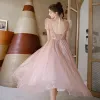 Vintage / Retro Blushing Pink See-through Dancing Prom Dresses 2020 A-Line / Princess High Neck Puffy Short Sleeve Sequins Tulle Beading Pearl Sash Tea-length Ruffle Backless Formal Dresses