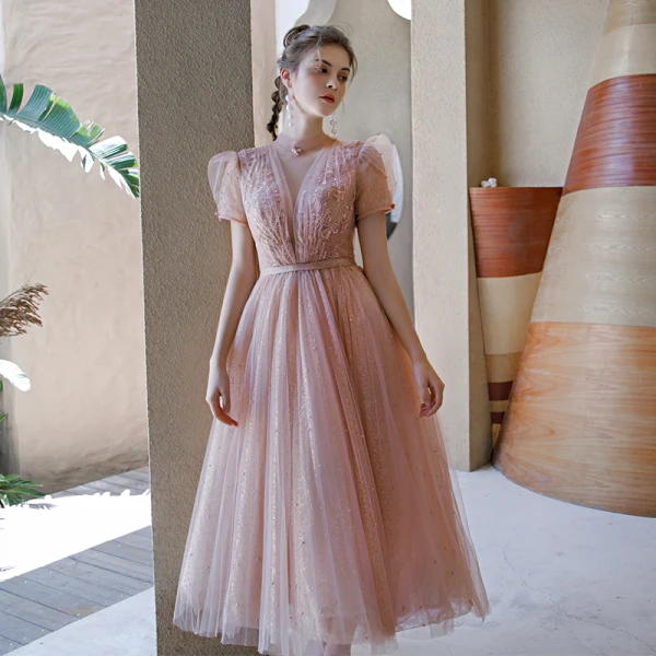 Vintage / Retro Blushing Pink See-through Dancing Prom Dresses 2020 A-Line / Princess High Neck Puffy Short Sleeve Sequins Tulle Beading Pearl Sash Tea-length Ruffle Backless Formal Dresses