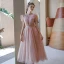 Vintage / Retro Blushing Pink See-through Dancing Prom Dresses 2020 A-Line / Princess High Neck Puffy Short Sleeve Sequins Tulle Beading Pearl Sash Tea-length Ruffle Backless Formal Dresses