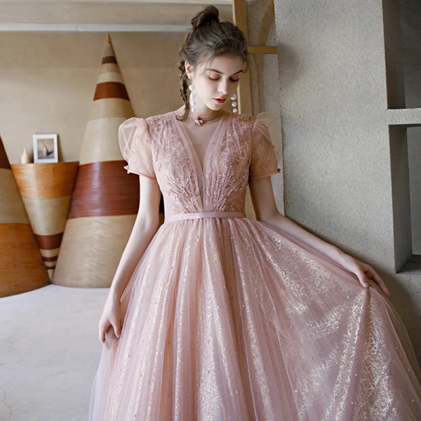 Vintage / Retro Blushing Pink See-through Dancing Prom Dresses 2020 A-Line / Princess High Neck Puffy Short Sleeve Sequins Tulle Beading Pearl Sash Tea-length Ruffle Backless Formal Dresses