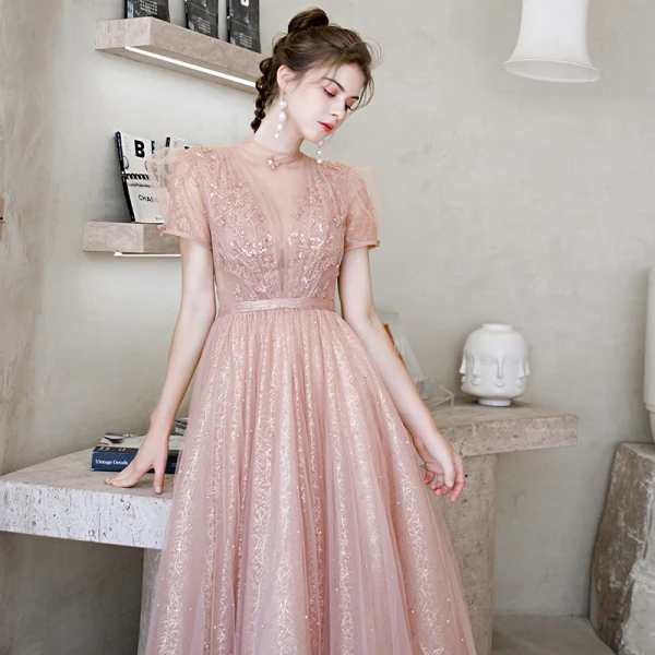 Vintage / Retro Blushing Pink See-through Dancing Prom Dresses 2020 A-Line / Princess High Neck Puffy Short Sleeve Sequins Tulle Beading Pearl Sash Tea-length Ruffle Backless Formal Dresses