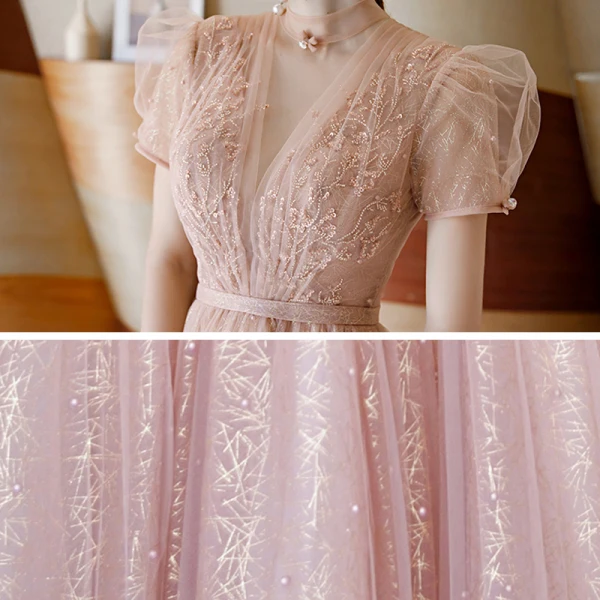 Vintage / Retro Blushing Pink See-through Dancing Prom Dresses 2020 A-Line / Princess High Neck Puffy Short Sleeve Sequins Tulle Beading Pearl Sash Tea-length Ruffle Backless Formal Dresses