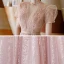 Vintage / Retro Blushing Pink See-through Dancing Prom Dresses 2020 A-Line / Princess High Neck Puffy Short Sleeve Sequins Tulle Beading Pearl Sash Tea-length Ruffle Backless Formal Dresses