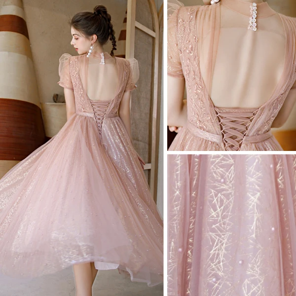Vintage / Retro Blushing Pink See-through Dancing Prom Dresses 2020 A-Line / Princess High Neck Puffy Short Sleeve Sequins Tulle Beading Pearl Sash Tea-length Ruffle Backless Formal Dresses