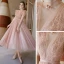 Vintage / Retro Blushing Pink See-through Dancing Prom Dresses 2020 A-Line / Princess High Neck Puffy Short Sleeve Sequins Tulle Beading Pearl Sash Tea-length Ruffle Backless Formal Dresses