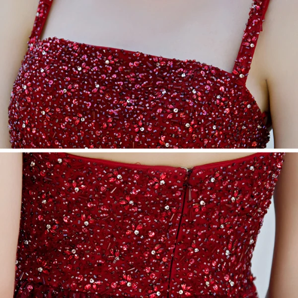 Haut de Gamme Bordeaux Dansant Robe De Bal 2020 Princesse épaules Sans Manches Paillettes Perlage Longue Volants Dos Nu Robe De Ceremonie