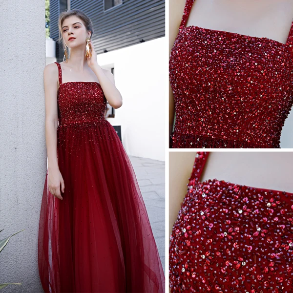 Haut de Gamme Bordeaux Dansant Robe De Bal 2020 Princesse épaules Sans Manches Paillettes Perlage Longue Volants Dos Nu Robe De Ceremonie