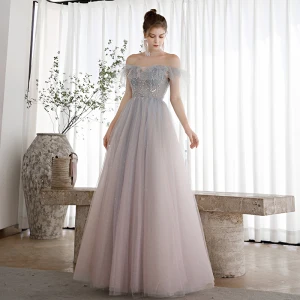 Élégant Bleu Ciel Dégradé De Couleur Rougissant Rose Dansant Robe De Bal 2020 Princesse De L 039 Épaule Manches Courtes Perlage Glitter Tulle Longue Volants Dos Nu Robe De Ceremonie