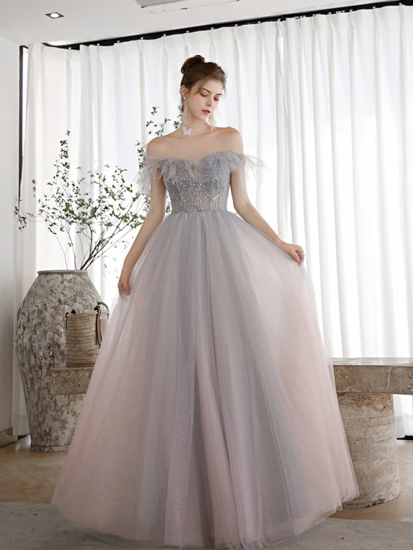 Elegant Sky Blue Gradient-Color Blushing Pink Dancing Prom Dresses 2020 A-Line / Princess Off-The-Shoulder Short Sleeve Beading Glitter Tulle Floor-Length / Long Ruffle Backless Formal Dresses